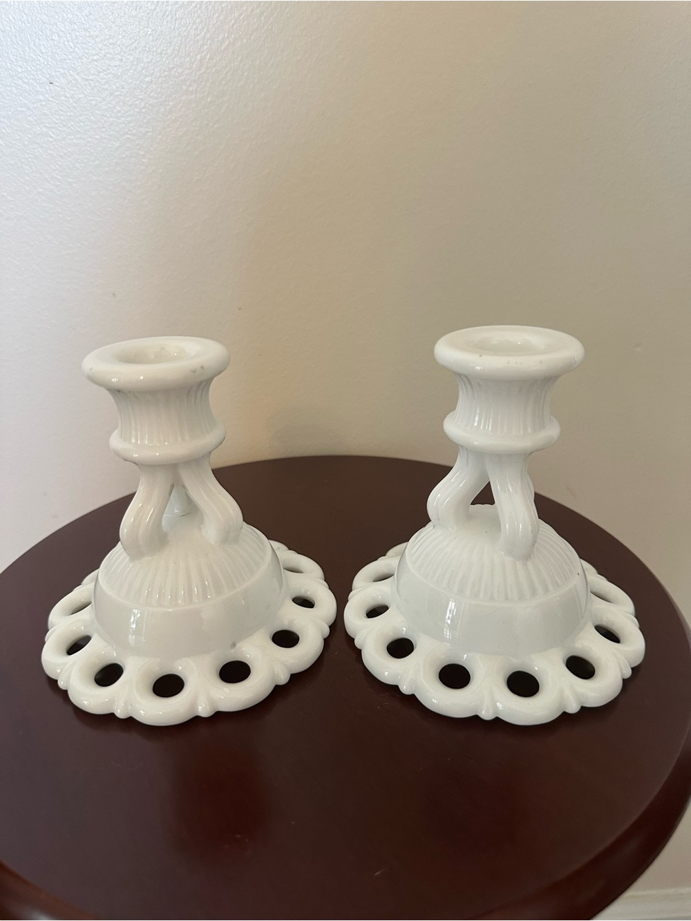 Westmoreland White Milk Glass Candlestick Pair with Pierced Ring Bases